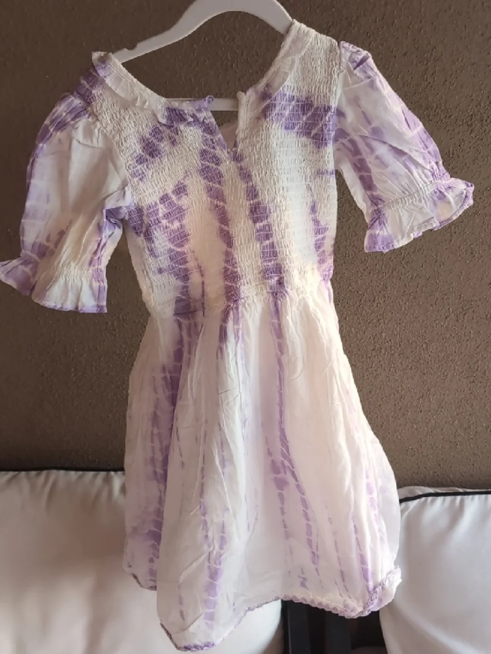 Girls Ivy City Jasmine Lavender Tie-Dye Smocked Puff Sleeve Dress 100% Cotton